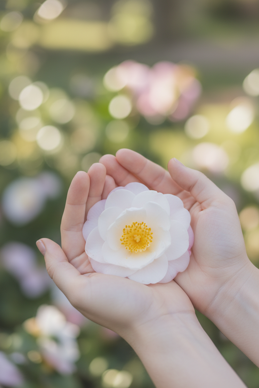 firefly gemini flash dos manos sosteniendo en sus palmas una flor, el fondo es un jardin, colores tenues. 511656
